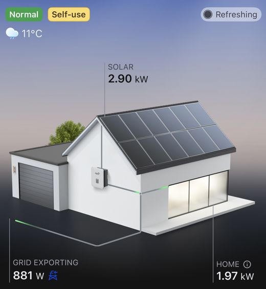 Solar monitoring app showing generation, storage and export